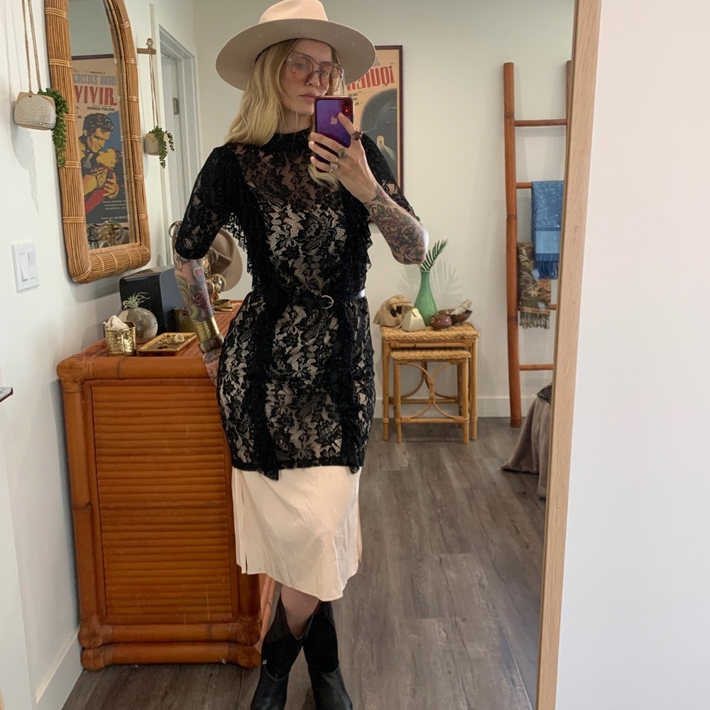Sheer lace ruffle dress.